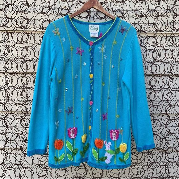 Quacker Factory blue cardigan spring flowers embroidered embellished MEDIUM - Picture 1 of 7